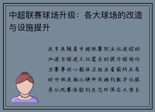 中超联赛球场升级：各大球场的改造与设施提升