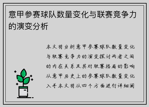 意甲参赛球队数量变化与联赛竞争力的演变分析